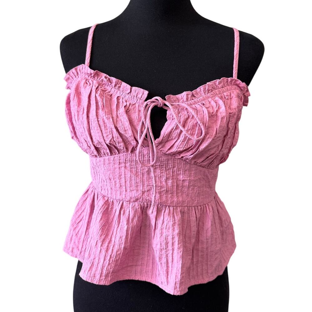 New LUSH NORDSTROM Pink Strappy Crinkle Fabric Lace Back Peplum Top Size L